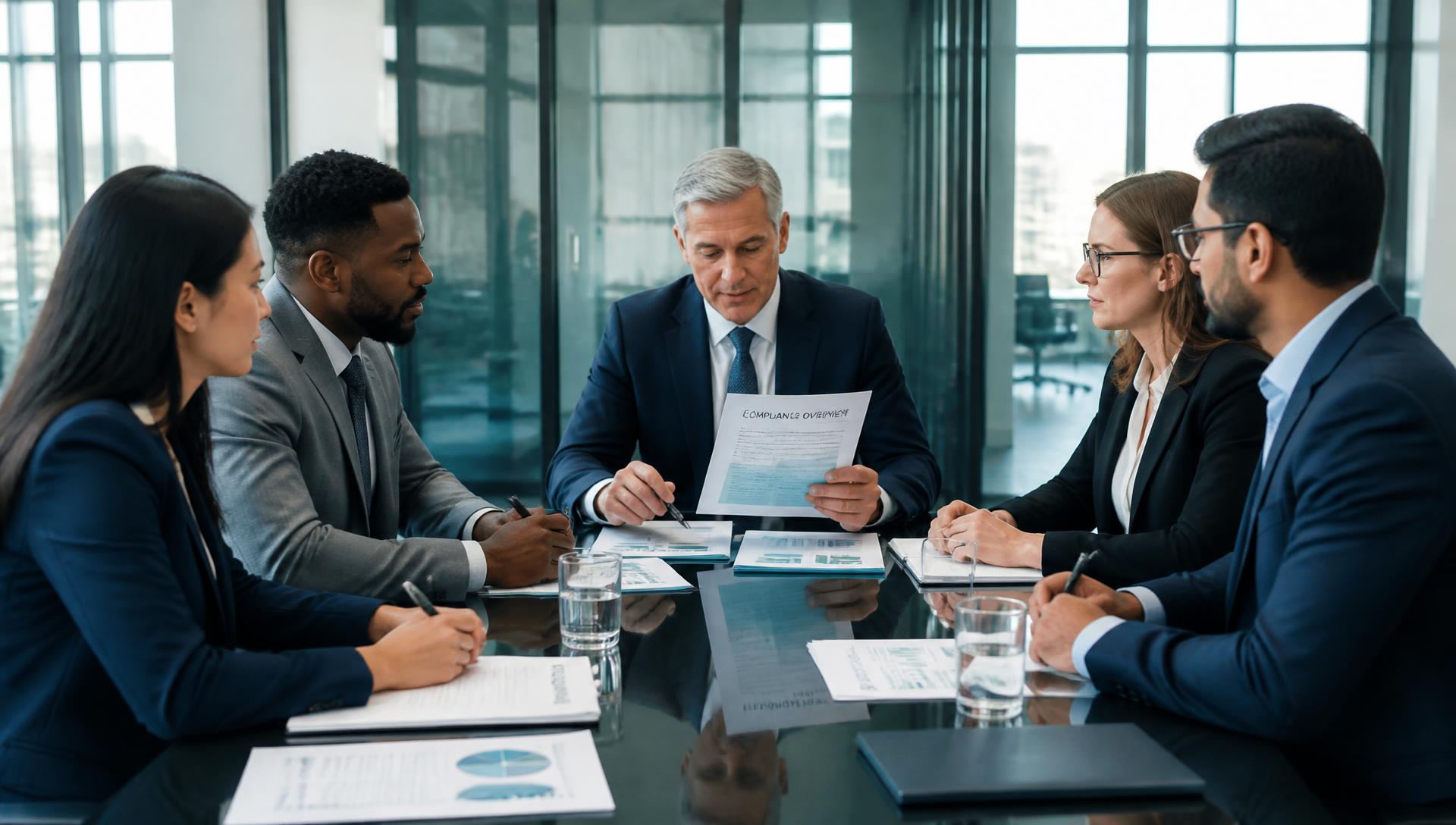 Advisory team reviewing a compliance overview in a boardroom